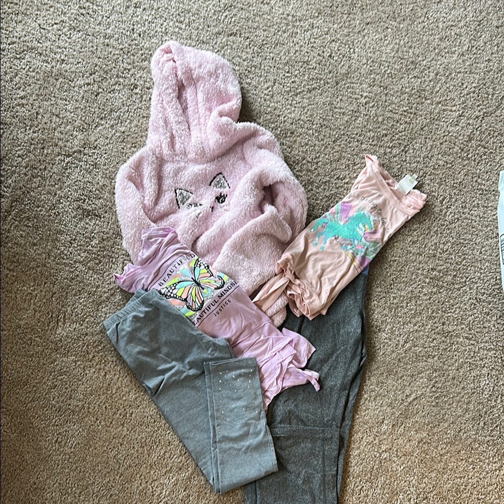 Pink Cat Hoodie & Gray Leggings Set with Pink Unicorn & Butterfly Shirts (43)